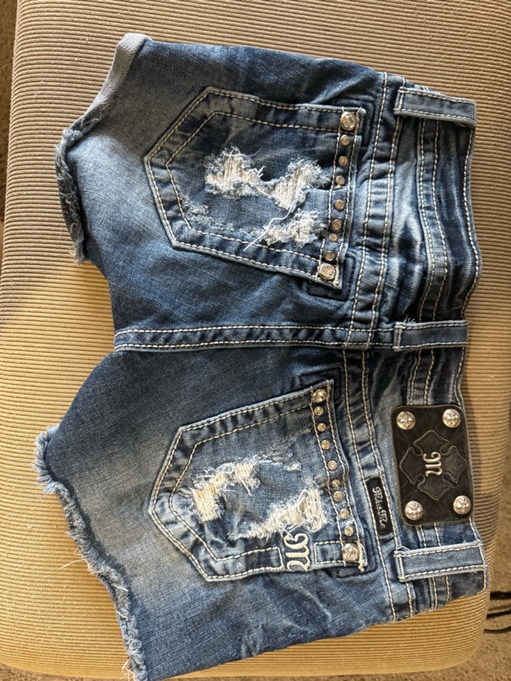 Miss Me Medium Blue Distressed Denim Shorts with Stud Accents